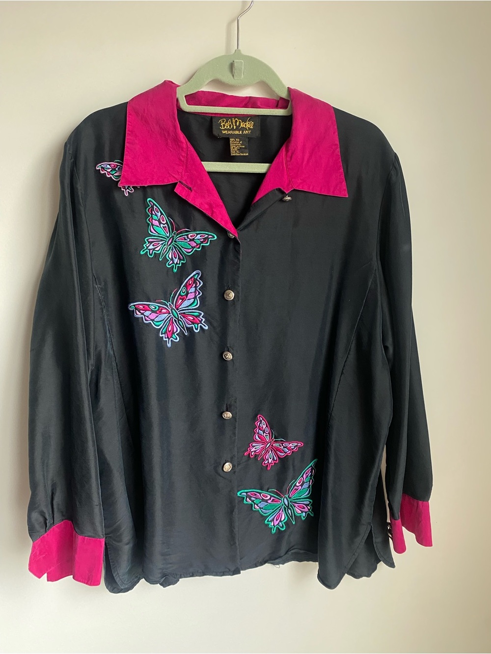 Bob Mackie Black 100% Silk Blazer with Hot Pink Trim and Butterfly Embroidery